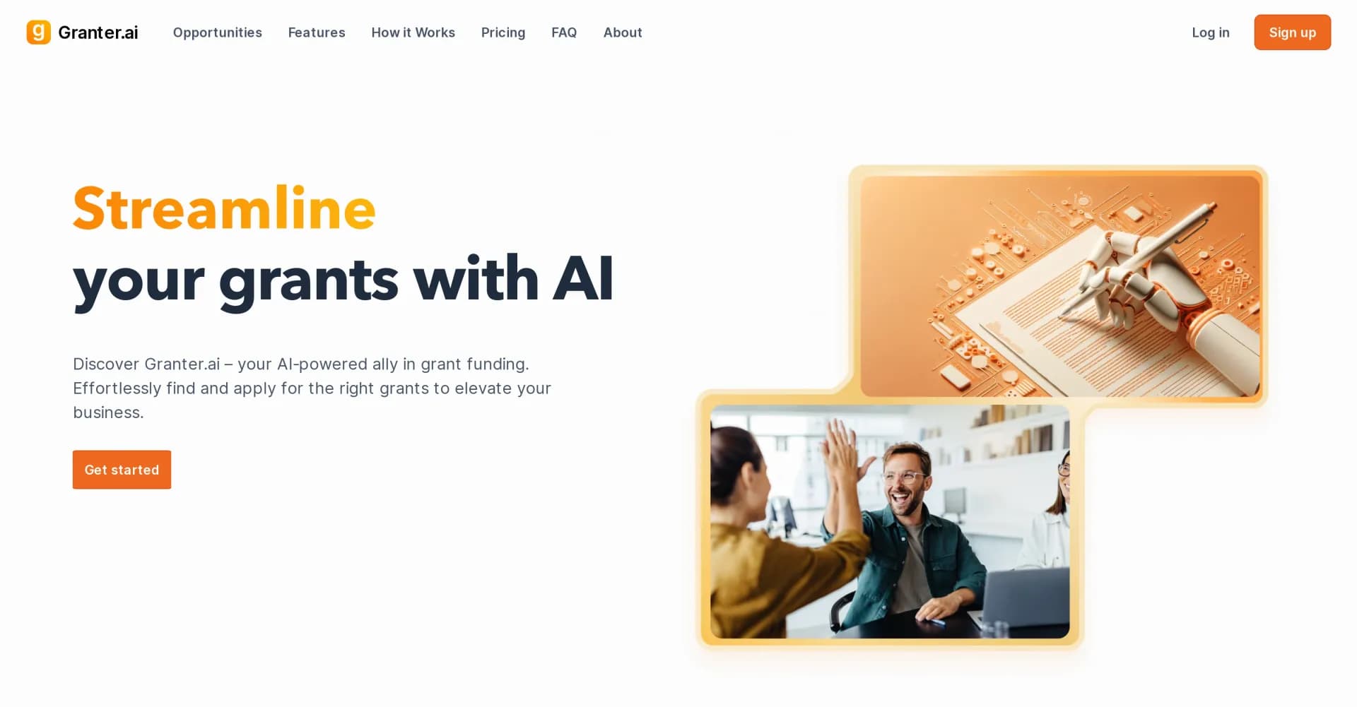 Granter.ai homepage screenshot — AI-powered ally for effortless grant funding.