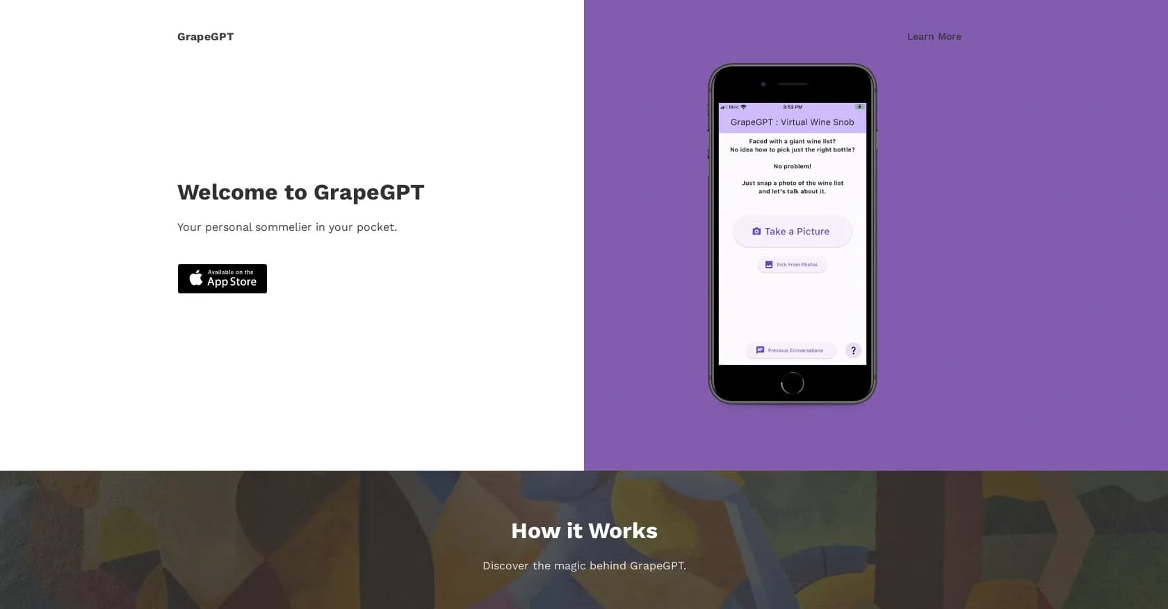 GrapeGPT homepage screenshot — Your personal sommelier in your pocket.