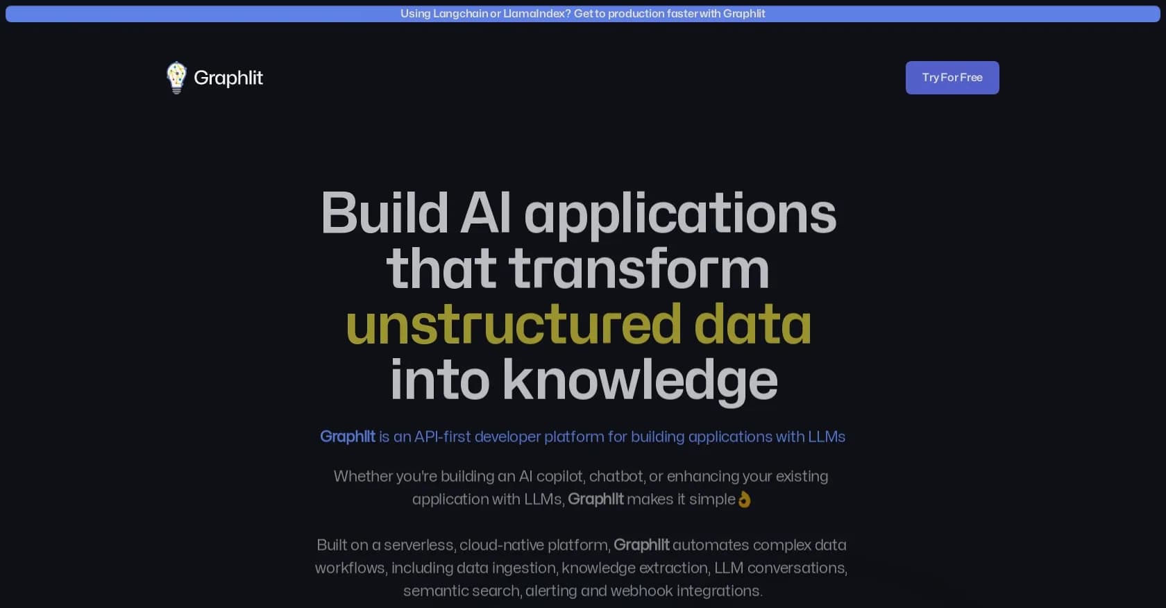 Graphlit homepage screenshot — Build AI apps that transform data into knowledge.