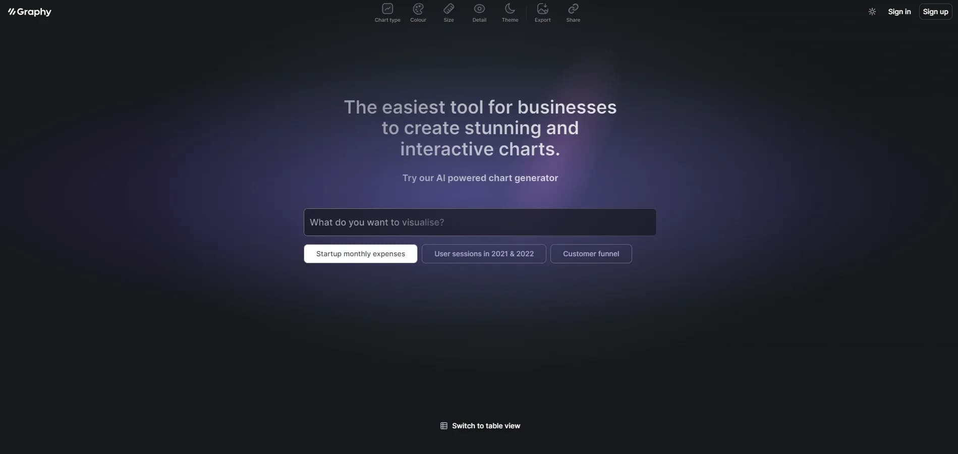 Graphy app homepage screenshot — Make stunning, interactive charts effortlessly.