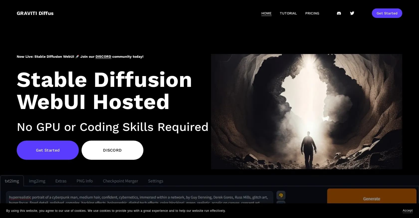 GRAVITI Diffus homepage screenshot — Explore AI art without tech barriers.