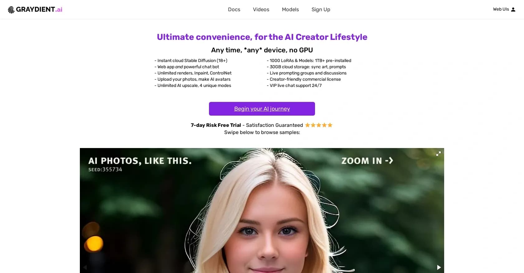 Graydient homepage screenshot — Unleash AI creativity anytime, anywhere, without GPU.