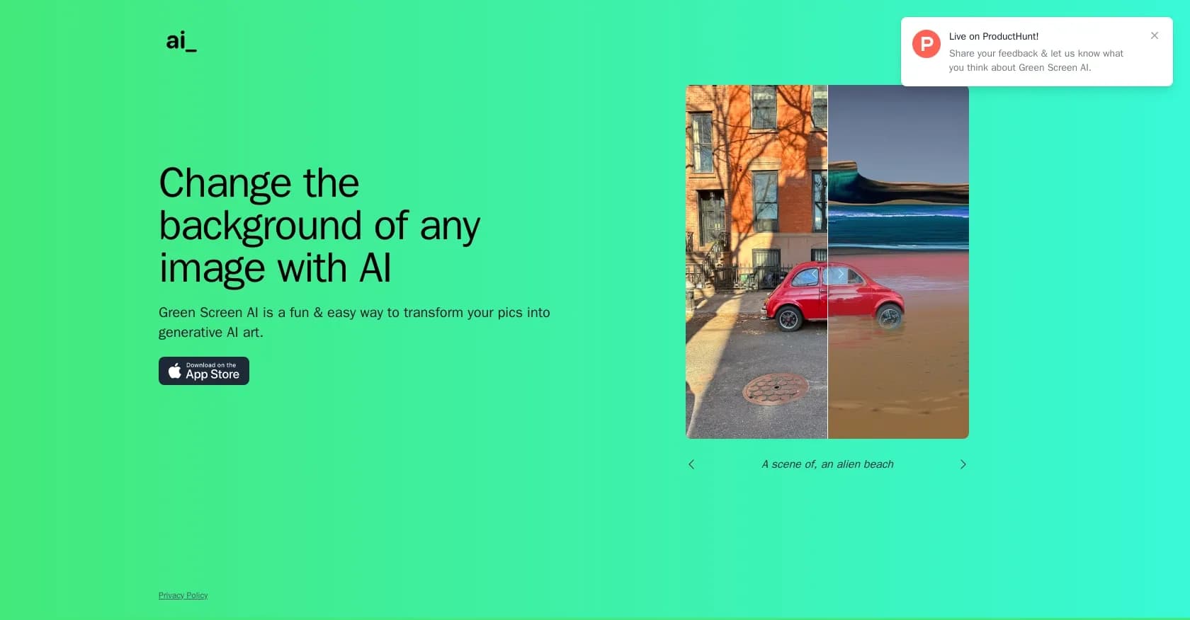 Green Screen AI homepage screenshot — Transform pics with AI-generated backgrounds.