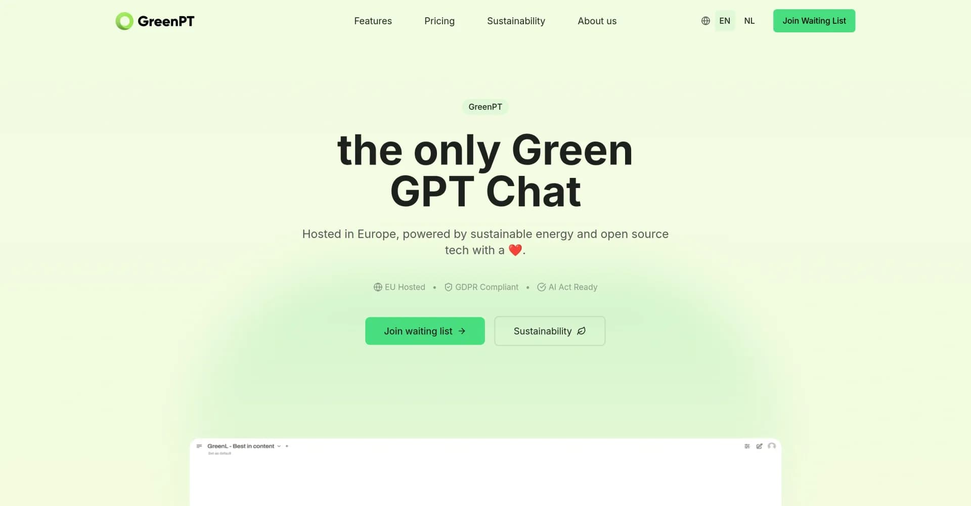 GreenPT homepage screenshot — Eco-friendly AI chat powered by green energy