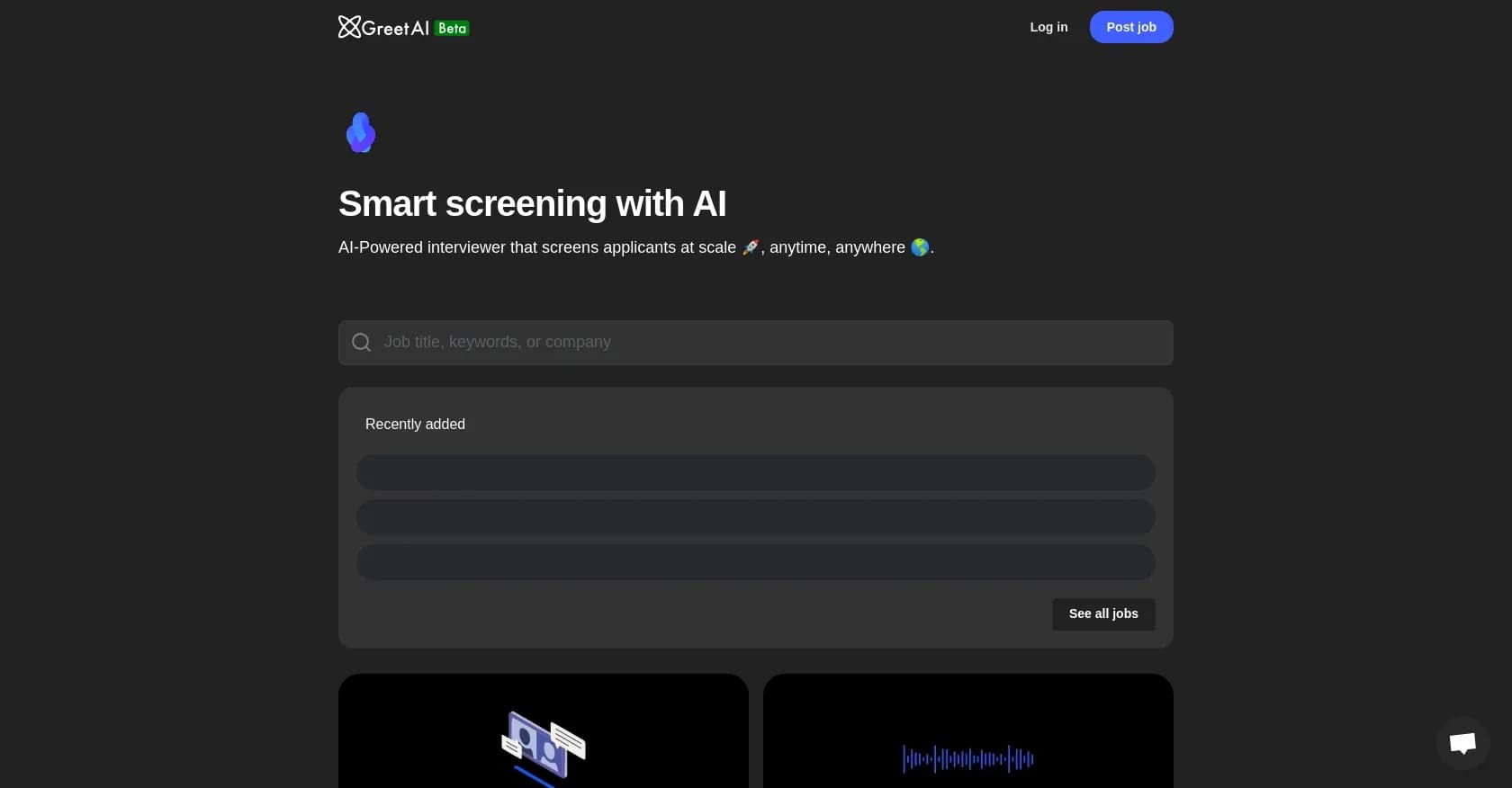 Greetai.co homepage screenshot — AI-powered interviewer that screens applicants at scale