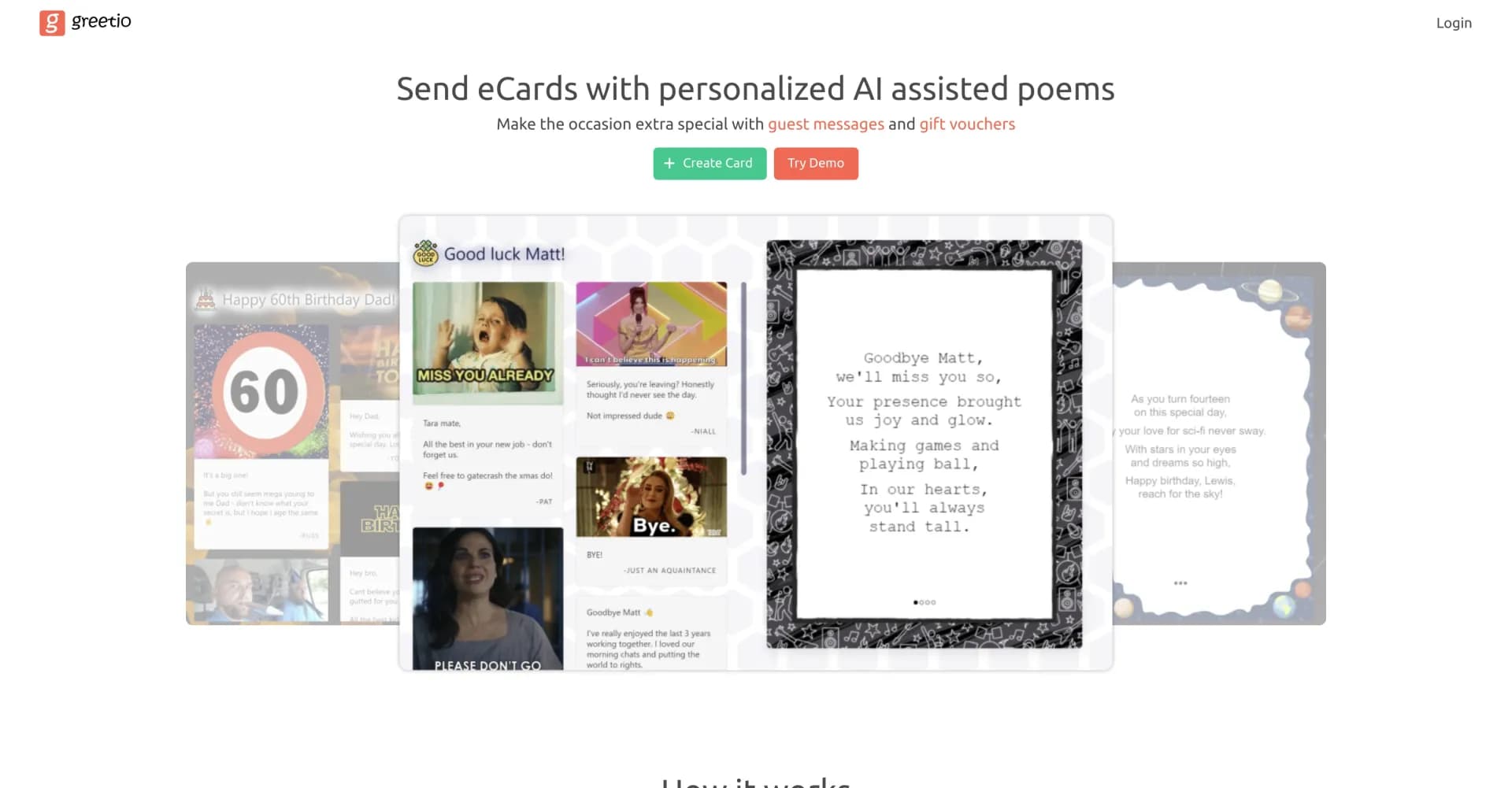 Greetio homepage screenshot — Personalized group eCards with AI-assisted poems