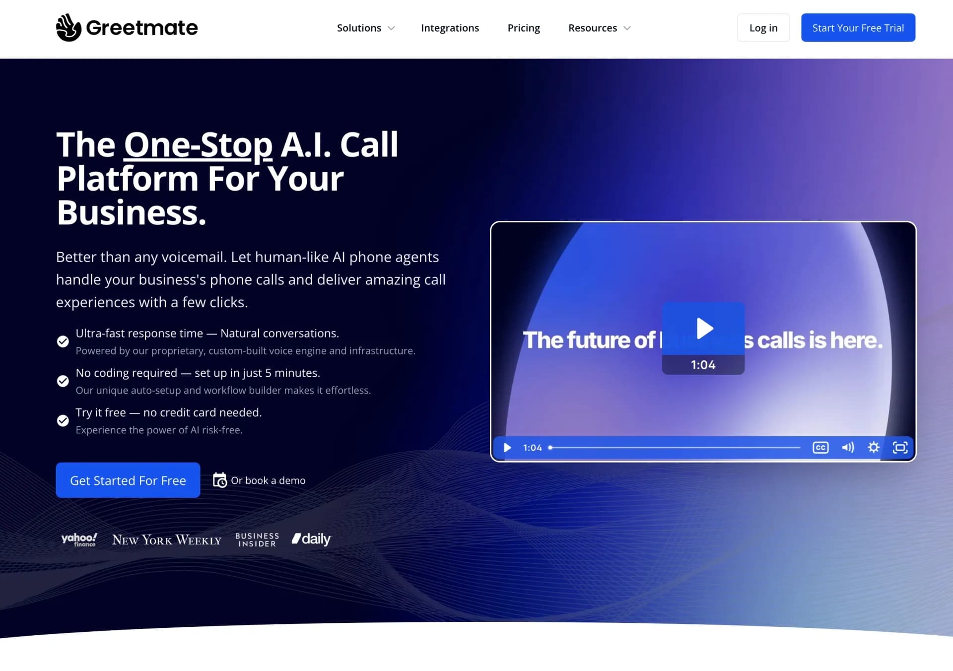 Greetmate homepage screenshot — AI receptionist: Never miss a call again
