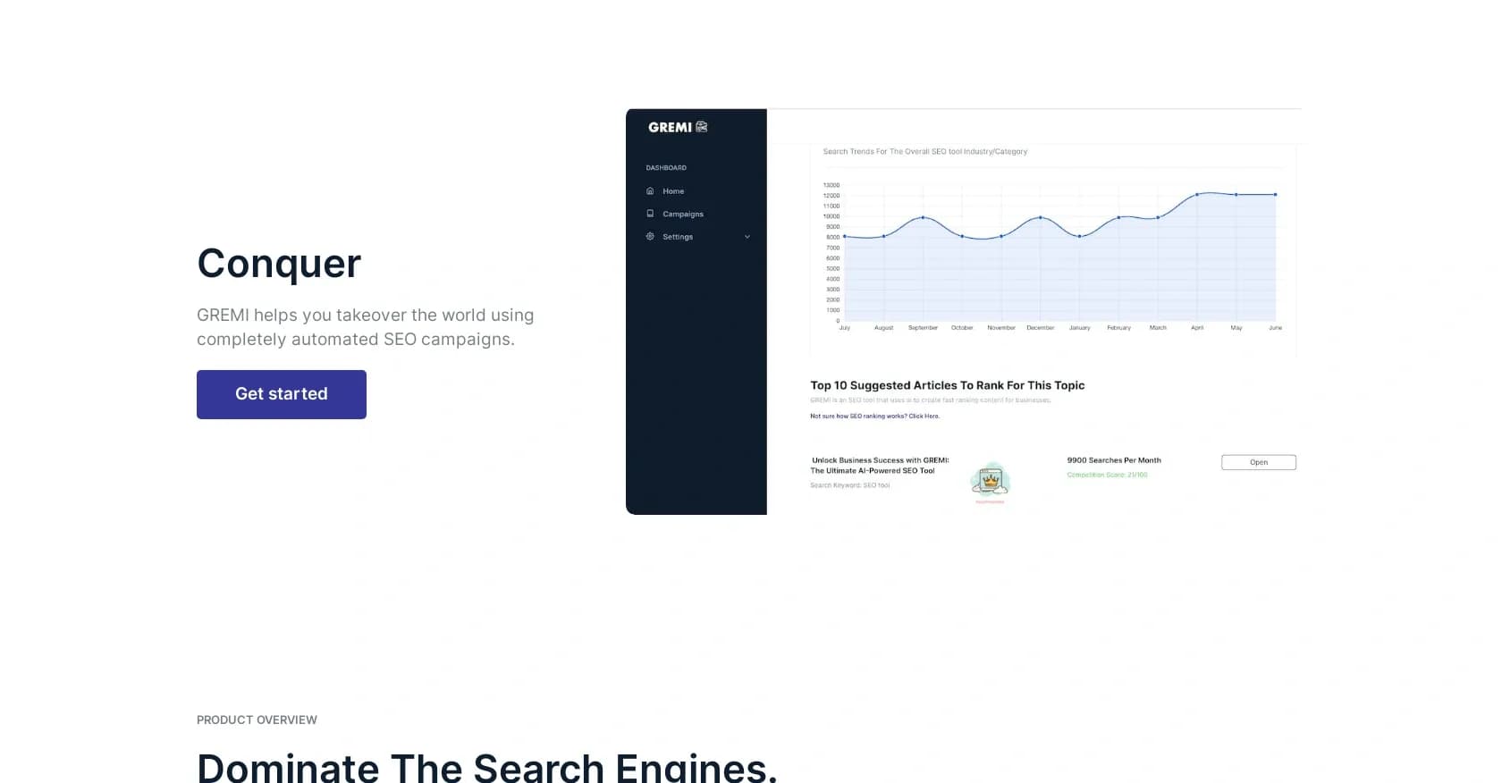 GREMI homepage screenshot — Dominate search engines with AI-powered SEO automation.