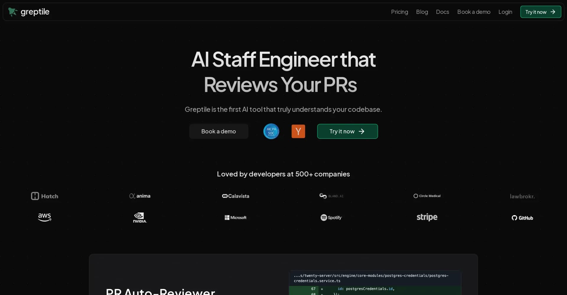 Greptile AI homepage screenshot — AI engineer that understands your codebase