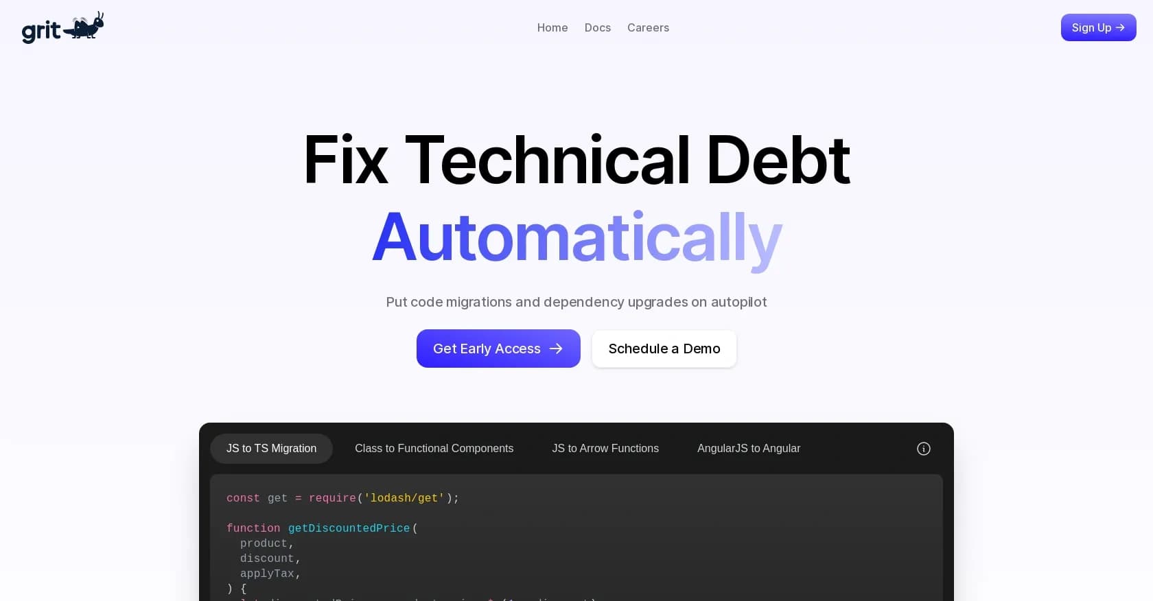 Grit.io homepage screenshot — Automate code migrations and fix technical debt.