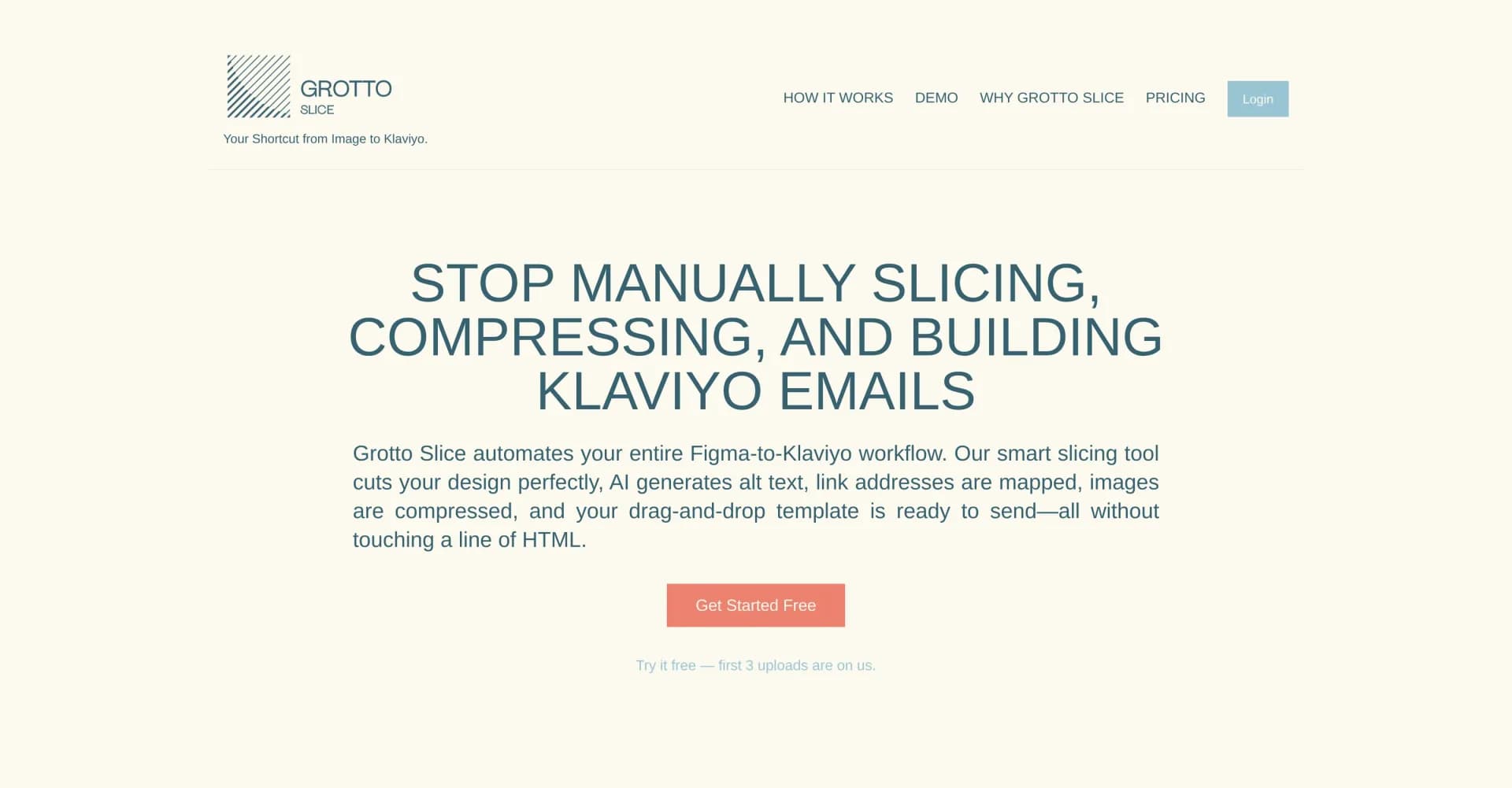 Grotto Slice - Automated Email Slicer homepage screenshot — Grotto Slice – Your Shortcut from Image to Klaviyo