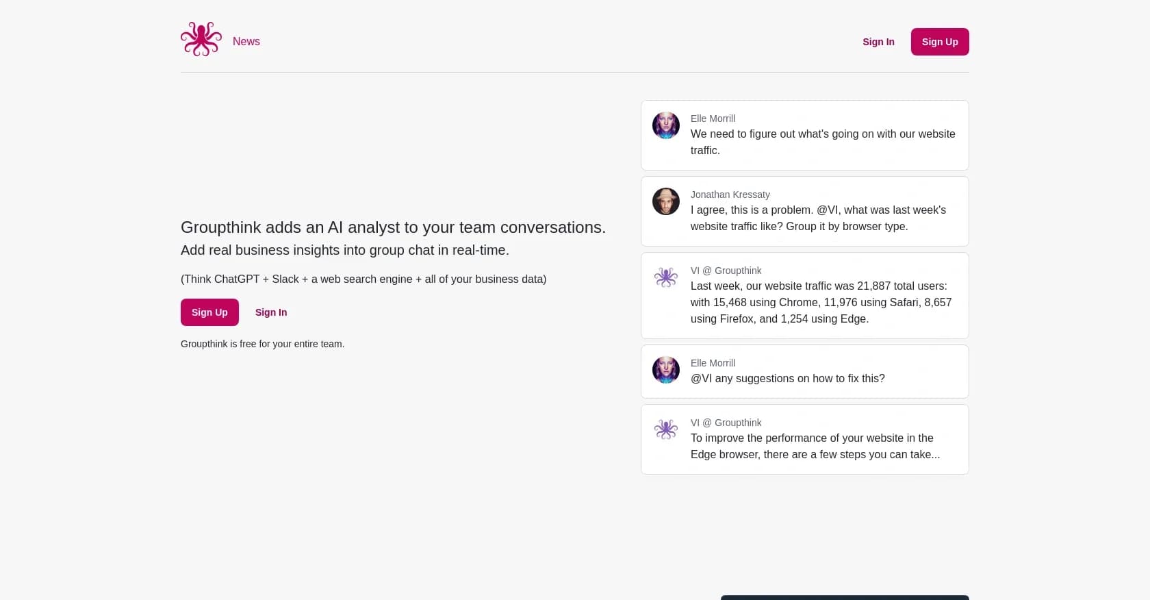 Groupthink homepage screenshot — Add AI-powered insights to team chats in real-time