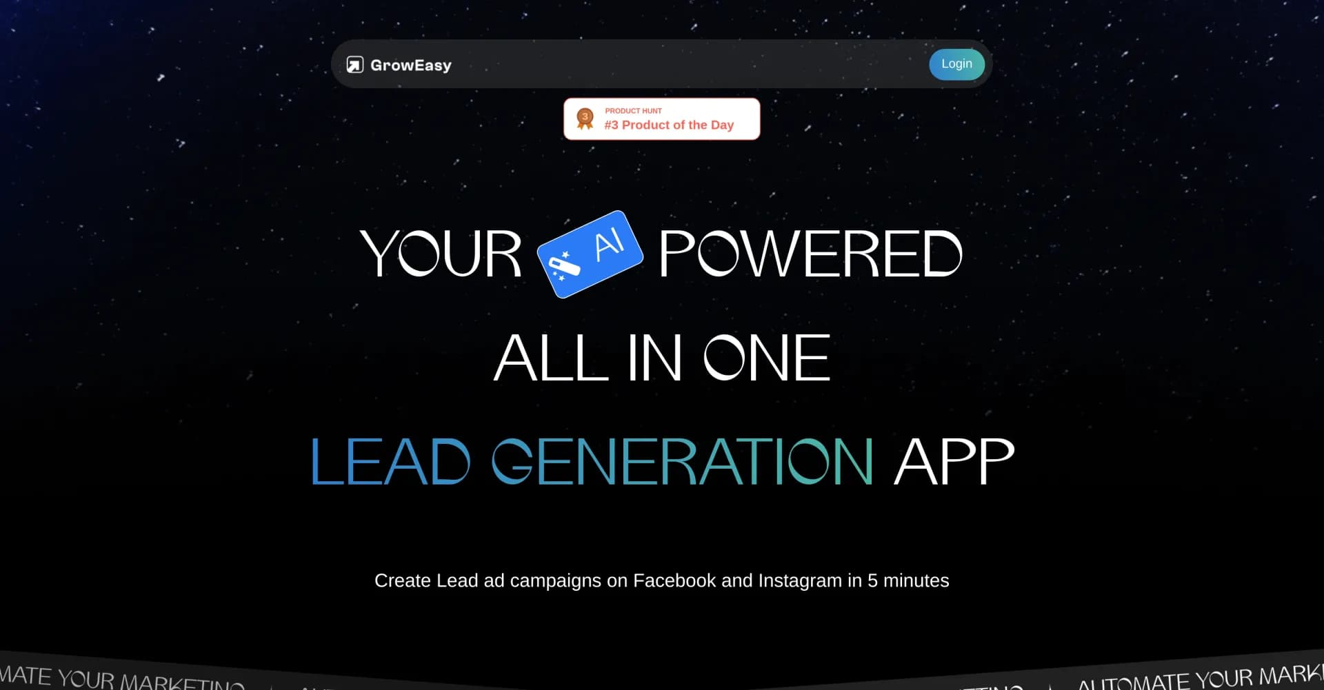 GrowEasy homepage screenshot — AI-powered lead generation campaigns in minutes