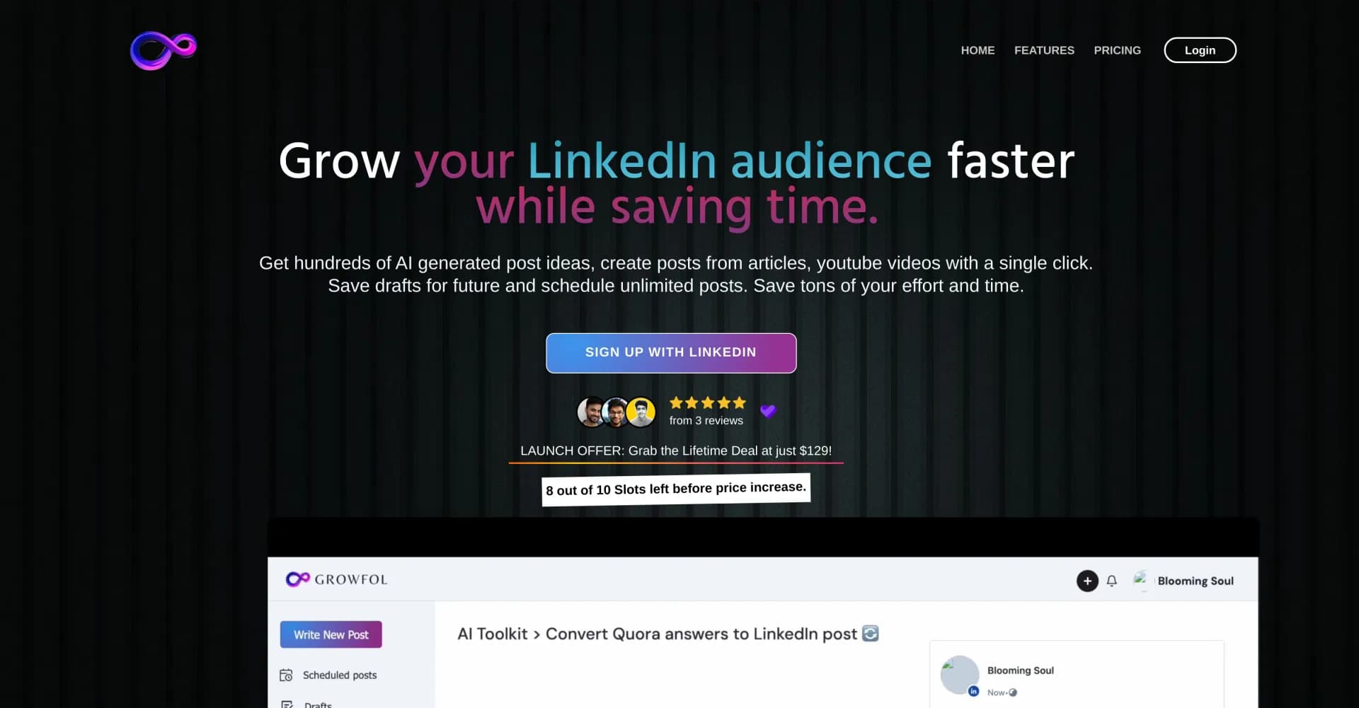 GrowFol homepage screenshot — Grow your LinkedIn audience faster while saving time.