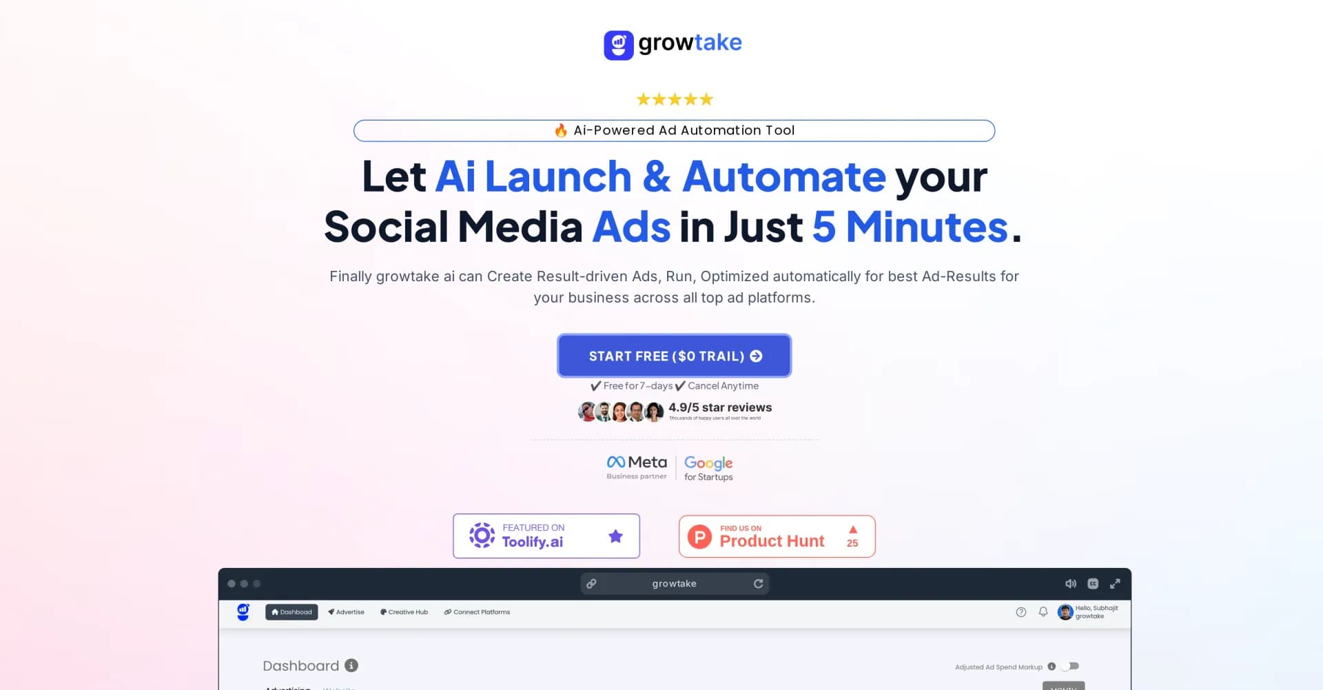 Growtake AI Ads homepage screenshot — AI-powered ad automation in 5 minutes.