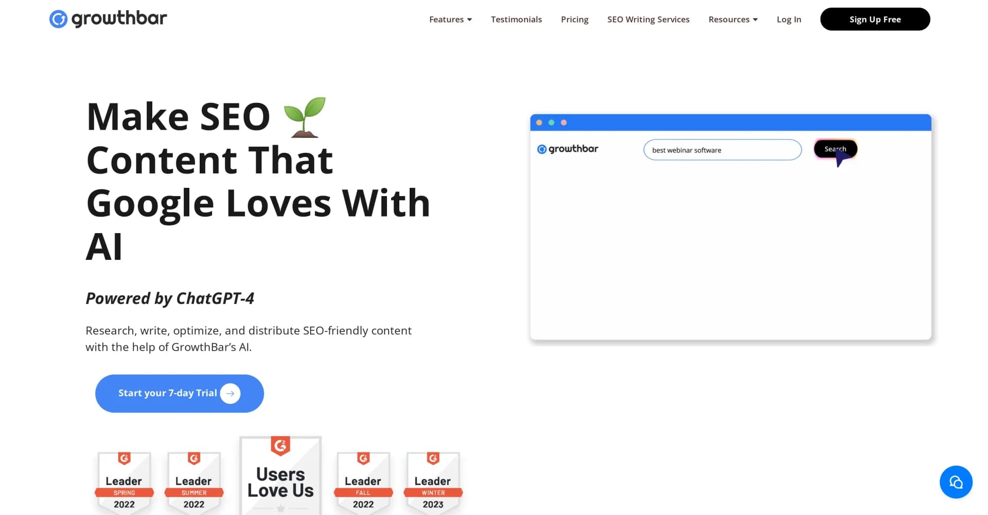 GrowthBar homepage screenshot — AI-powered SEO writing for faster Google ranking