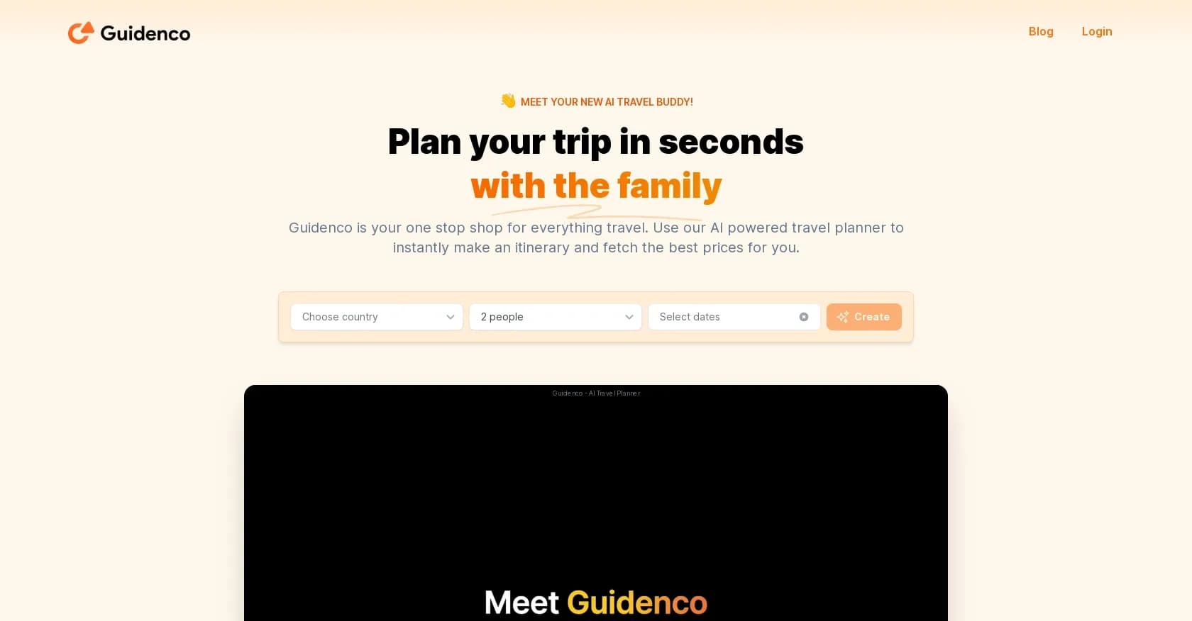 Guidenco homepage screenshot — Plan your dream trip in seconds with AI