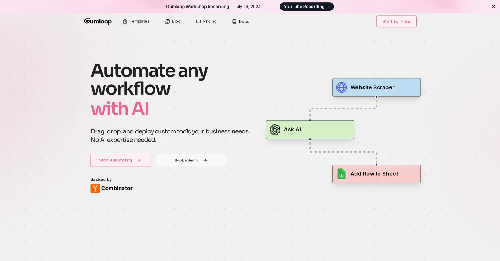Gumloop homepage screenshot — Automate any workflow with AI, no expertise needed.