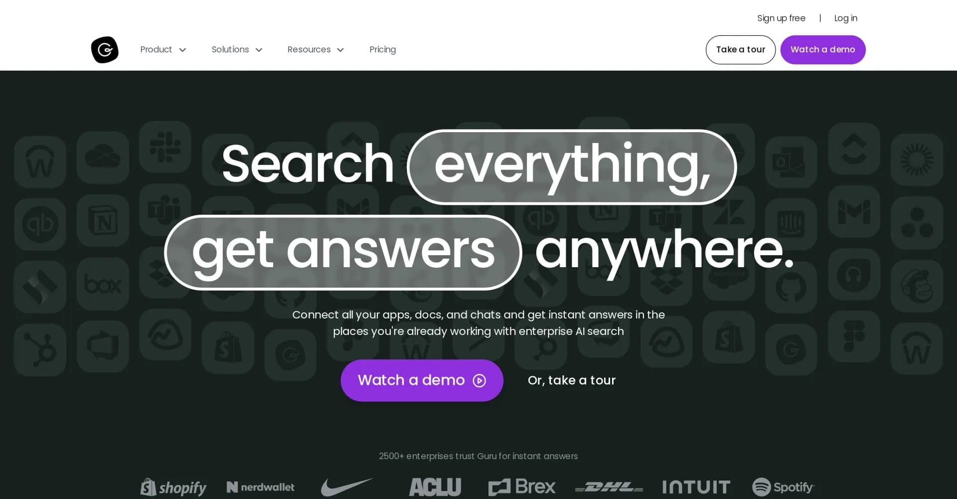 Guru homepage screenshot — Connect scattered docs, deliver instant answers