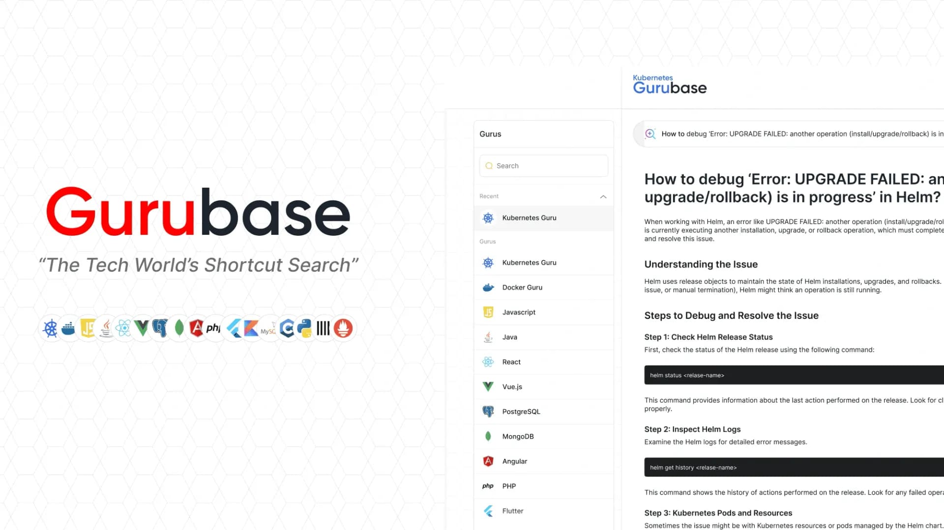Gurubase homepage screenshot — Shortcut search for tech resources and answers.