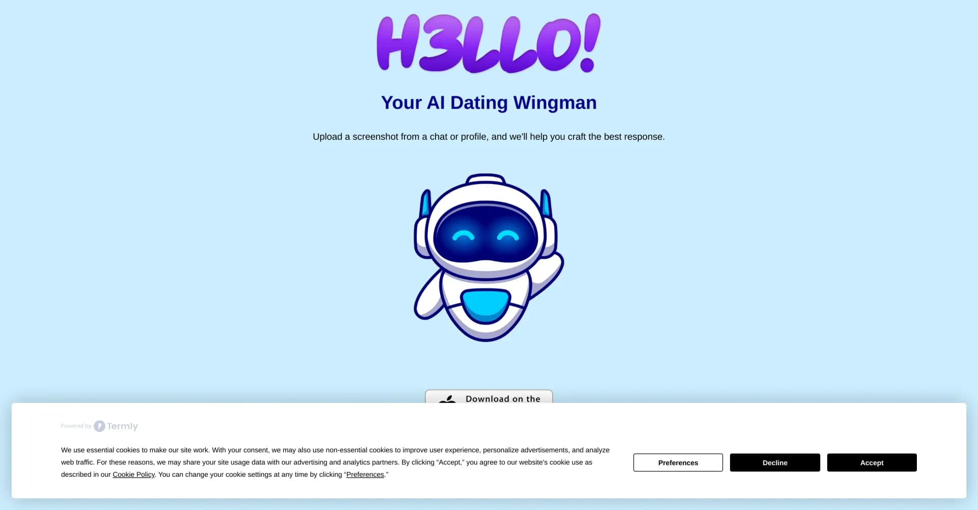 H3LLO homepage screenshot — AI wingman for dating chats and profiles