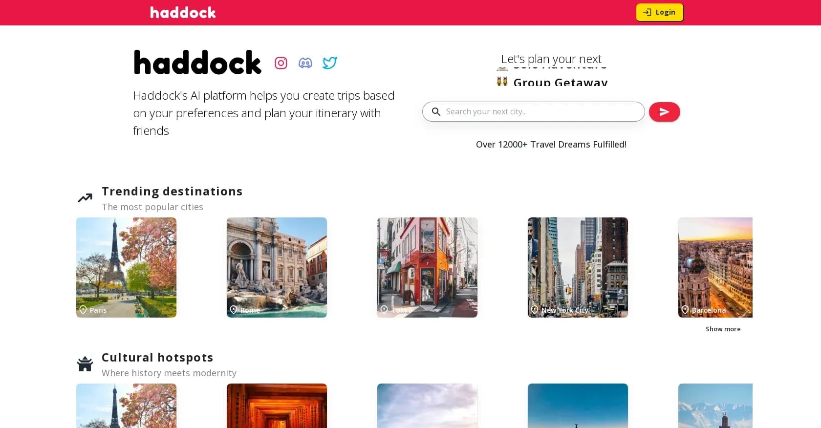 Haddock homepage screenshot — AI-powered trip planning tailored to your preferences