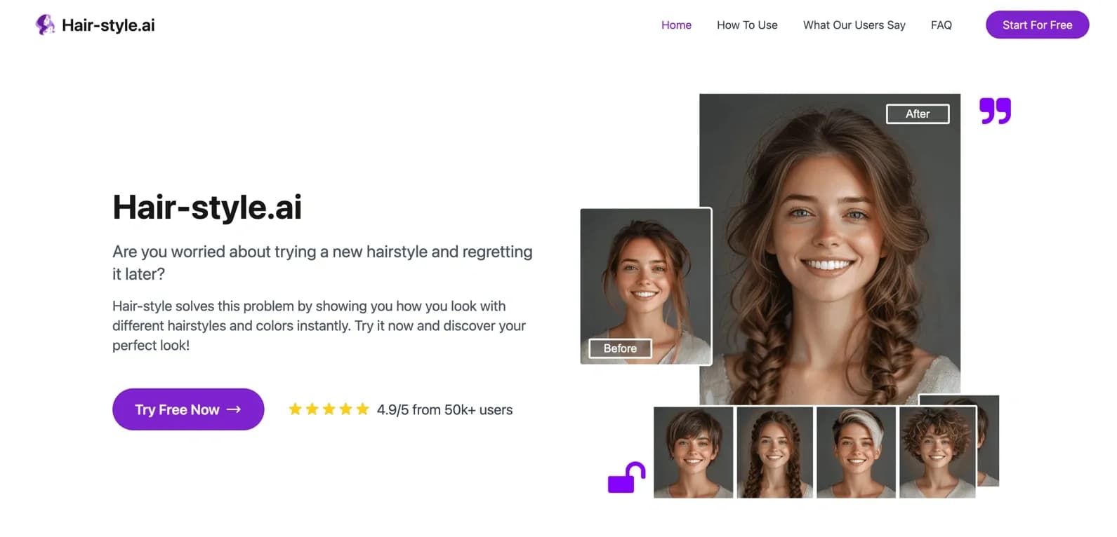 Hair-style.ai homepage screenshot — Preview new hairstyles instantly with AI