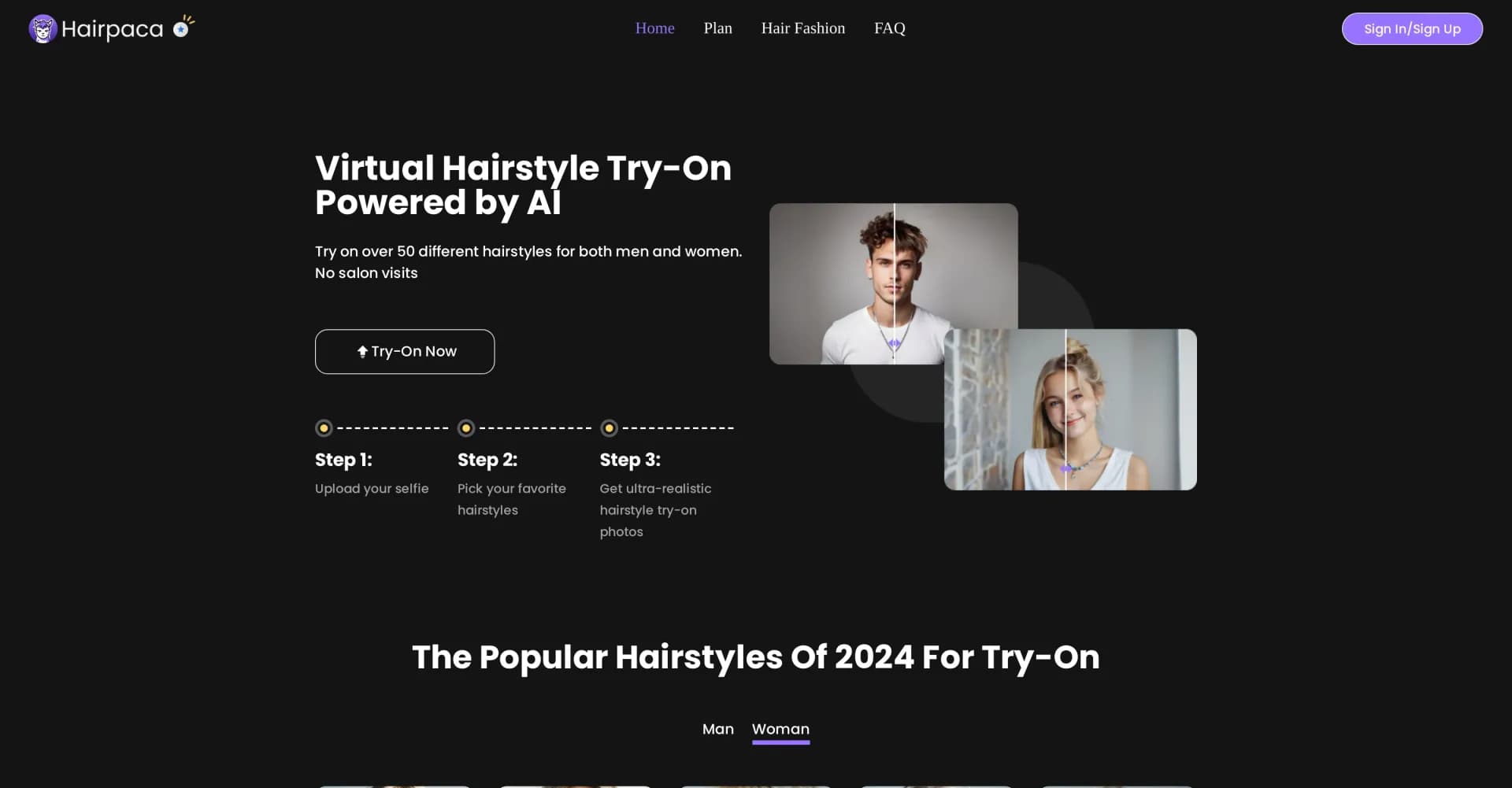 Hairpaca homepage screenshot — AI-powered virtual hairstyle try-on for men and women