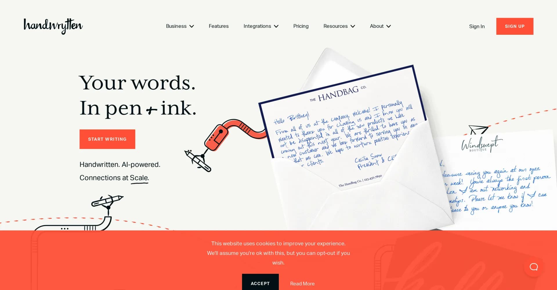 Handwrytten homepage screenshot — Automate personal touch with AI-powered handwritten notes.