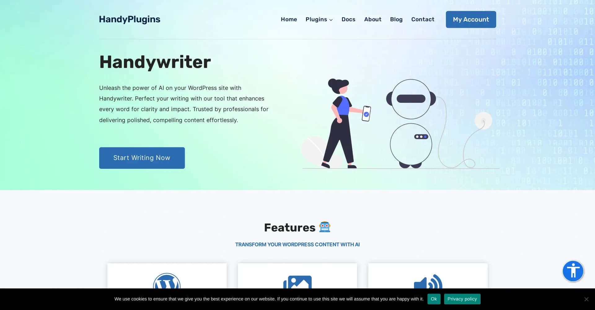 Handywriter homepage screenshot — Unleash AI-powered writing on WordPress.