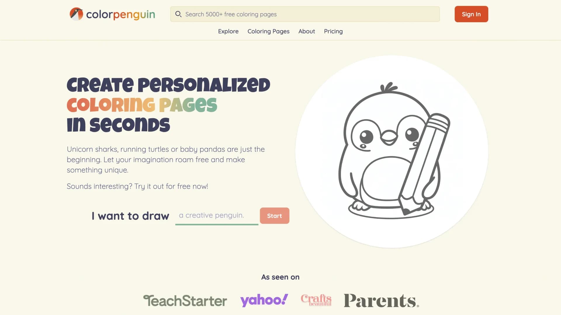 ColorPenguin homepage screenshot — Create personalized coloring pages with AI.
