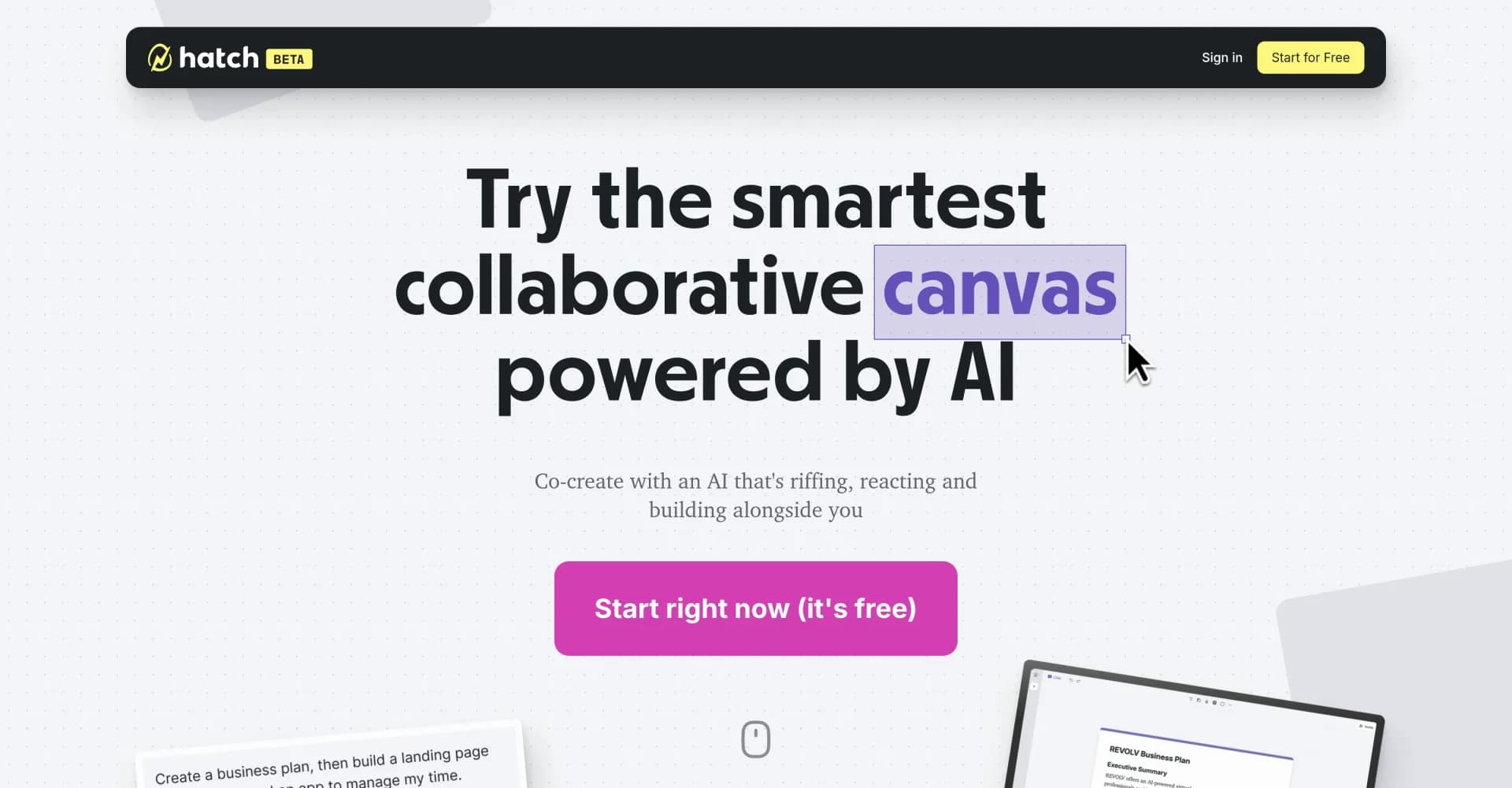 Hatch homepage screenshot — Where your ideas meet AI — and build together.