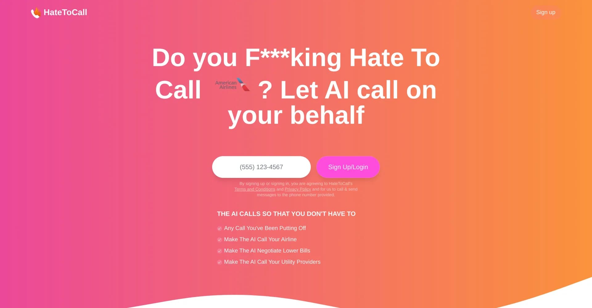 HateToCall homepage screenshot — This AI makes the call you’ve been too lazy to deal with