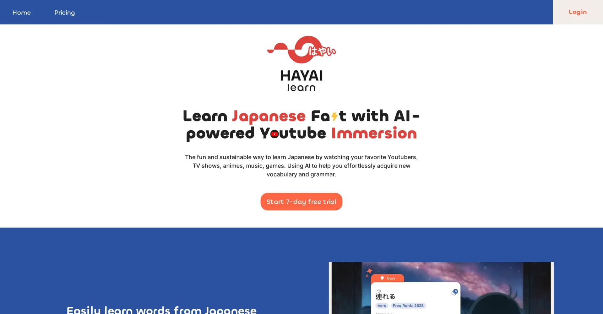 HayaiLearn homepage screenshot — Learn Japanese fast with AI-powered Youtube immersion.