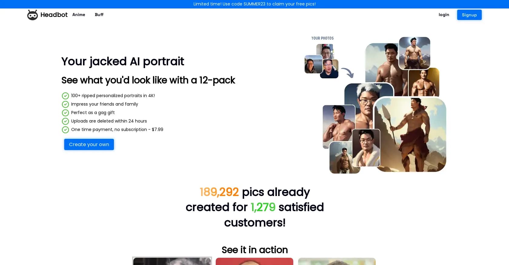 Headbot homepage screenshot — Create hilarious AI-generated buff portraits of yourself.