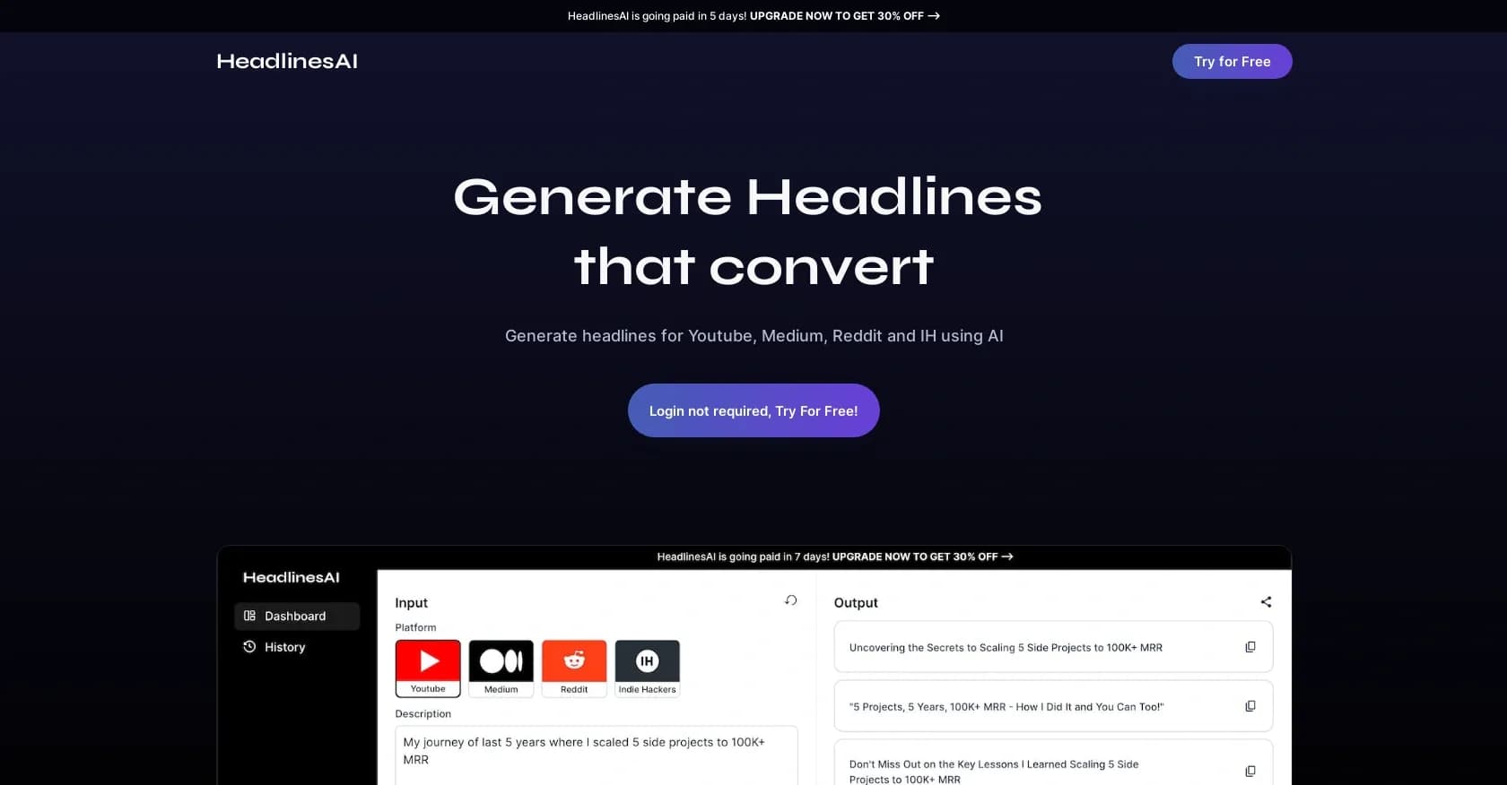 HeadlinesAI homepage screenshot — Generate attention-grabbing headlines with AI.