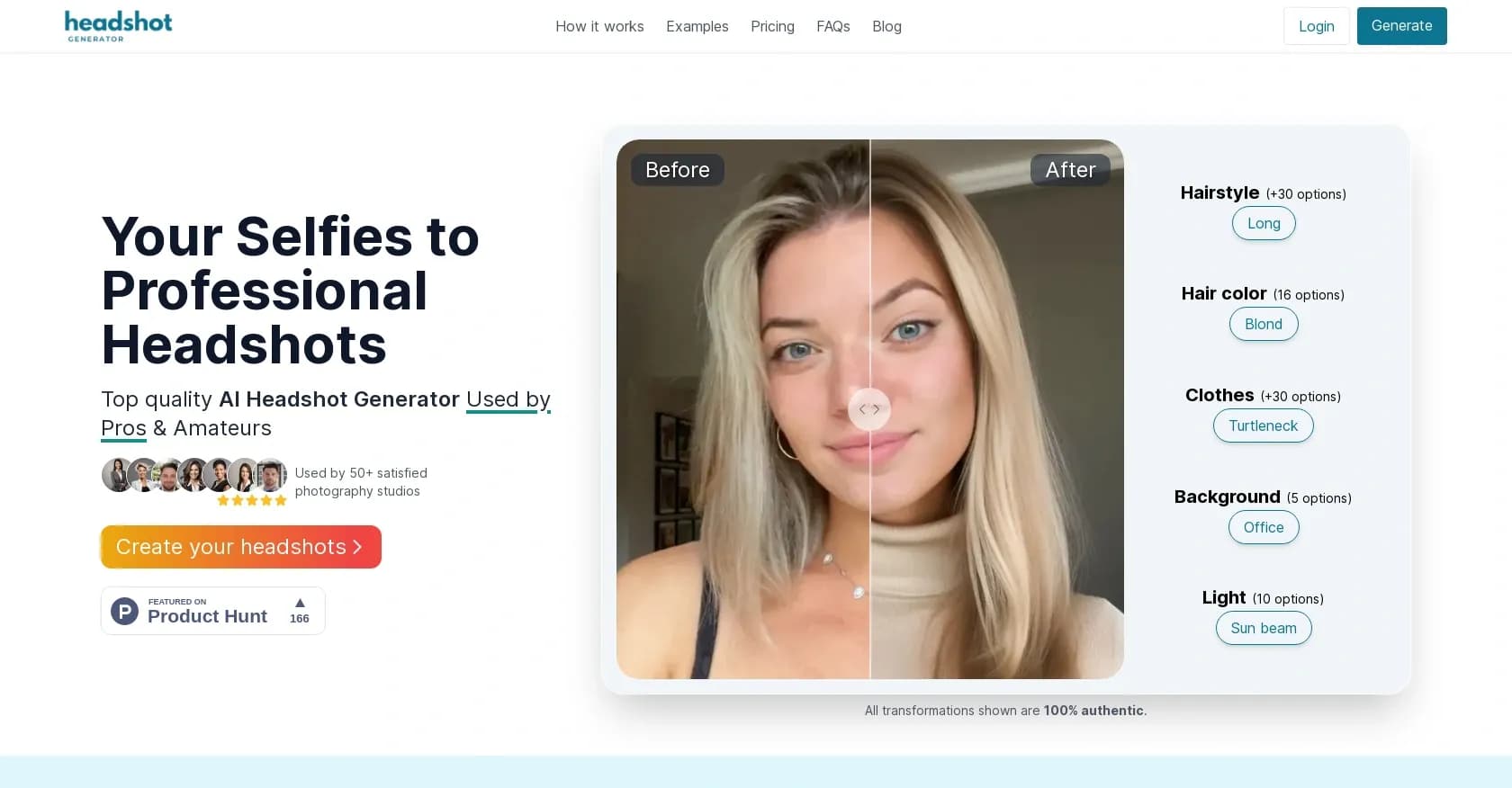 Headshot generator homepage screenshot — Transform selfies into professional headshots with AI.