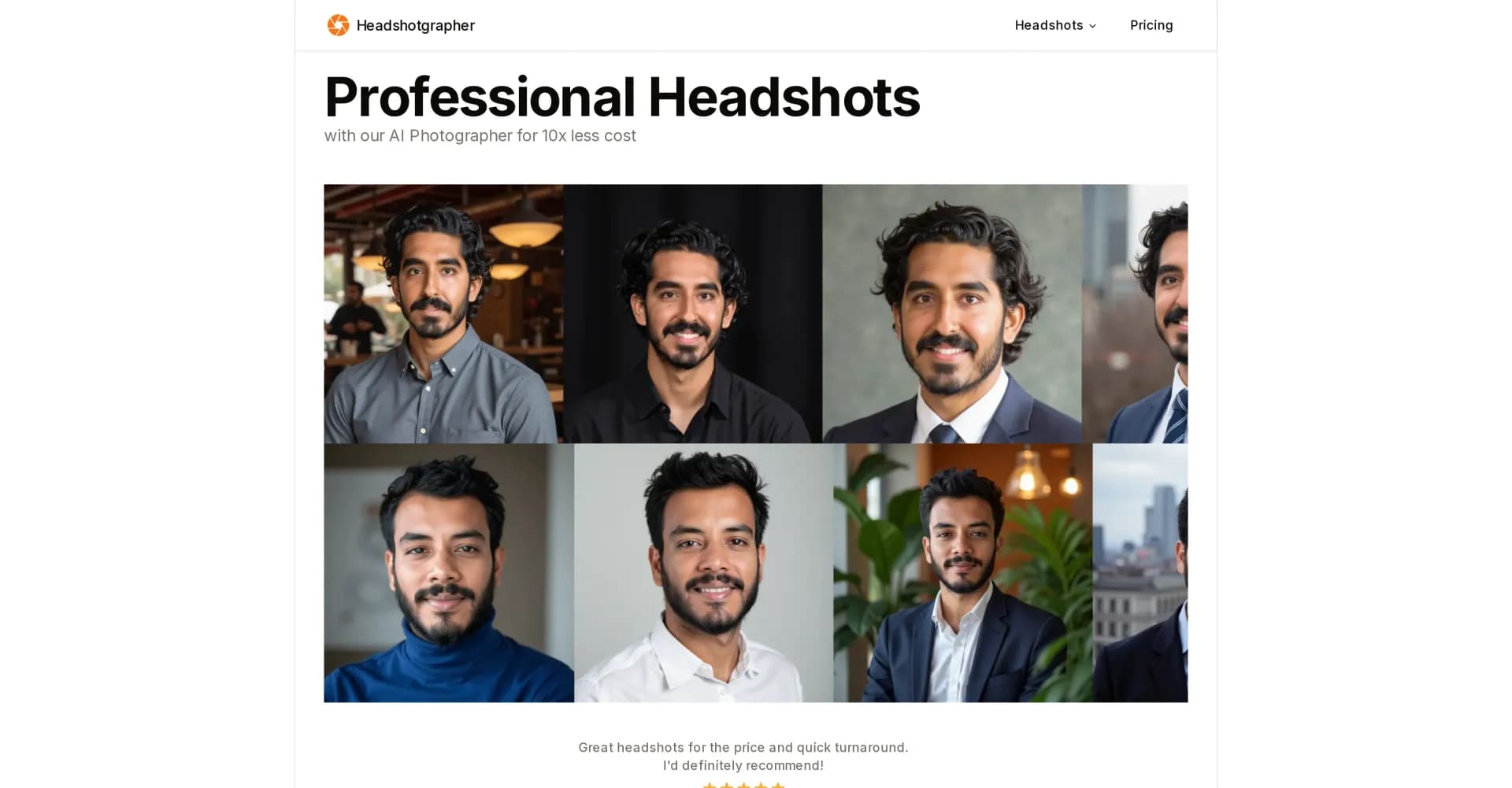 Headshotgrapher homepage screenshot — AI-powered professional headshots for 10x less cost.