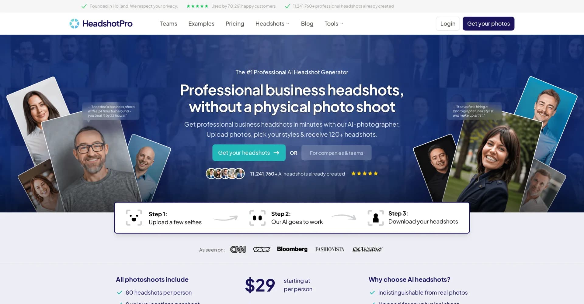 Headshotpro homepage screenshot — AI-generated professional headshots in minutes.