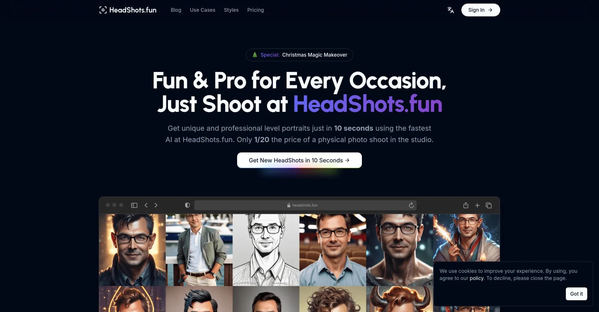 HeadShots.fun homepage screenshot — Create stunning AI headshots in 10 seconds