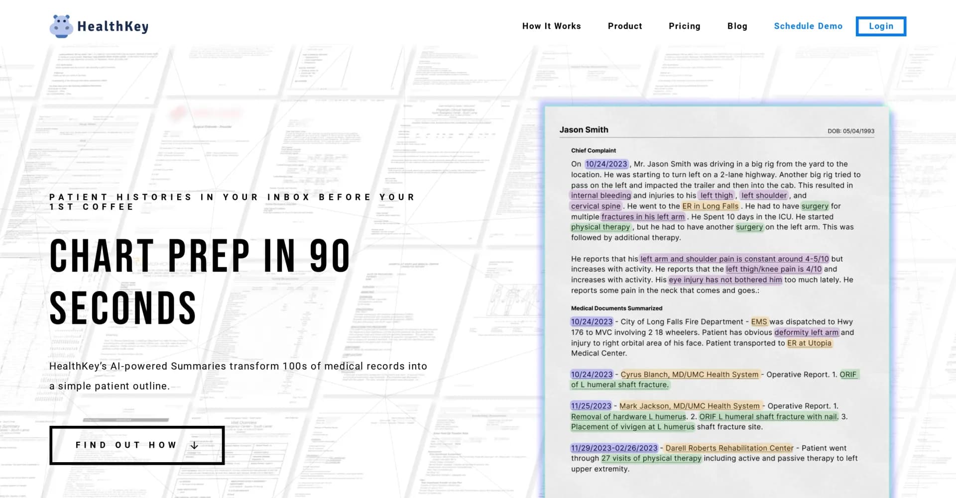HealthKey homepage screenshot — AI transforms medical records into concise patient outlines
