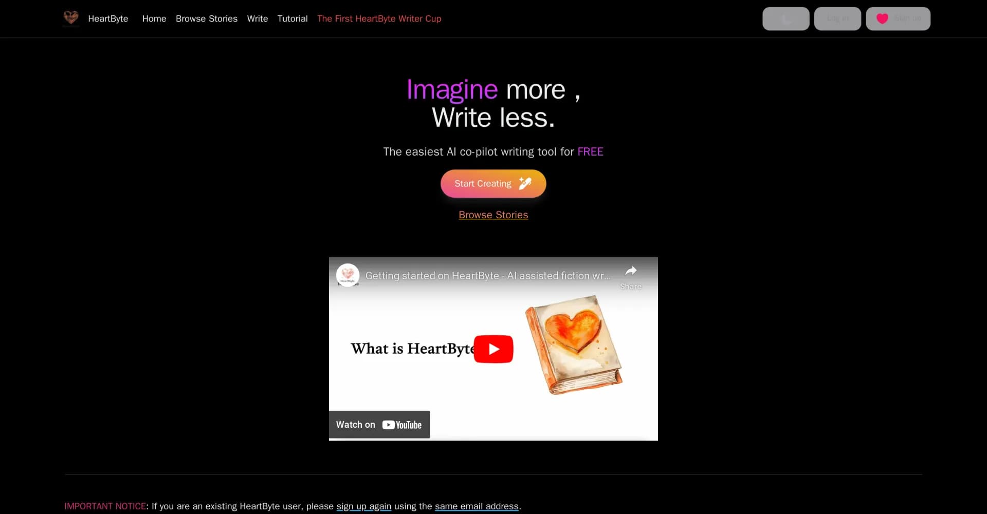HeartByte homepage screenshot — Imagine more, write less with AI co-pilot.