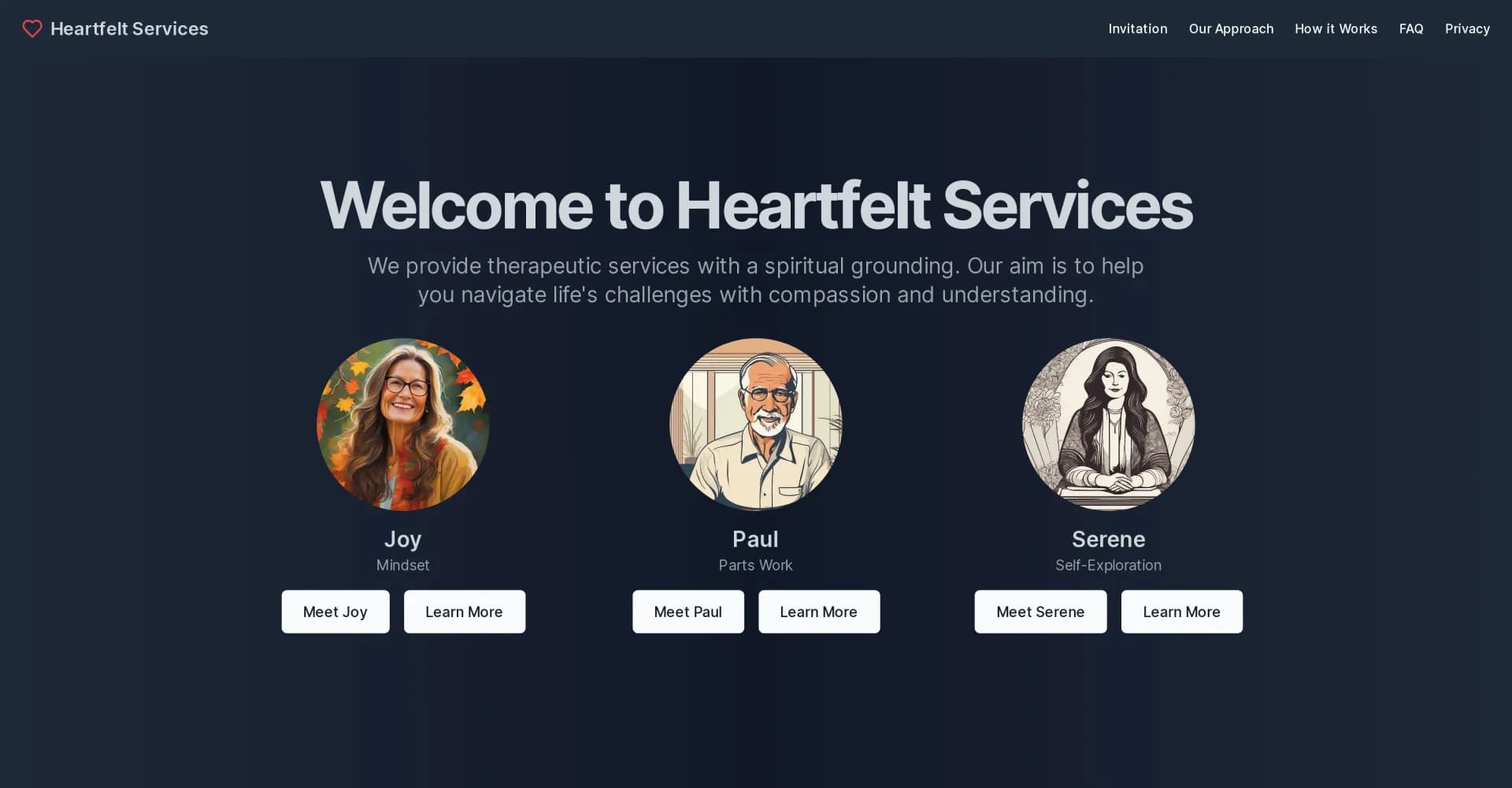 Heartfelt Services homepage screenshot — Embark on a journey of self-discovery with our AI-driven the