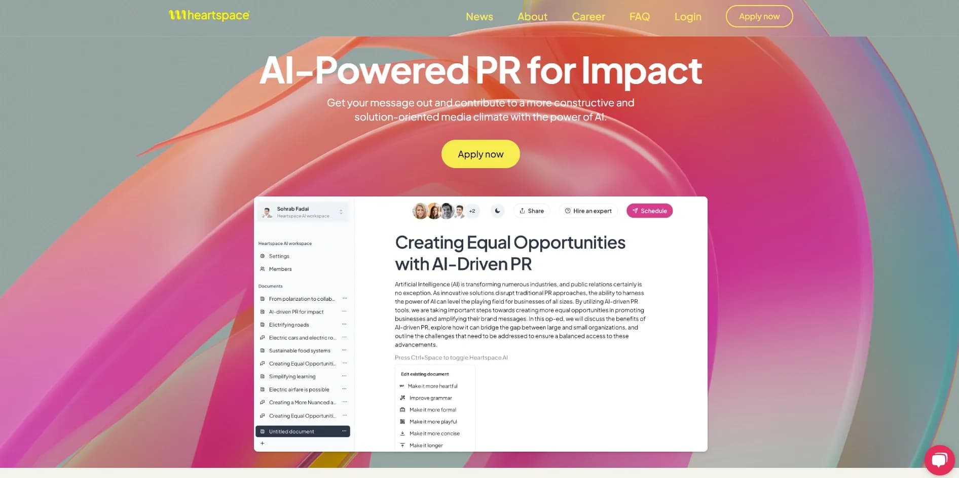Heartspace homepage screenshot — AI-powered PR for impact and positive media change.