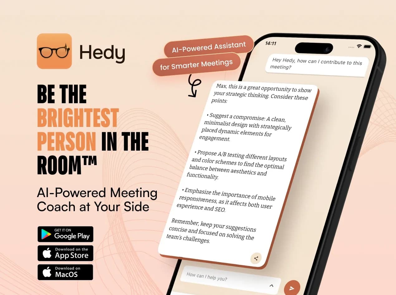 Hedy AIv2.5 homepage screenshot — Dominate every meeting with Hedy as your brilliant AI ally