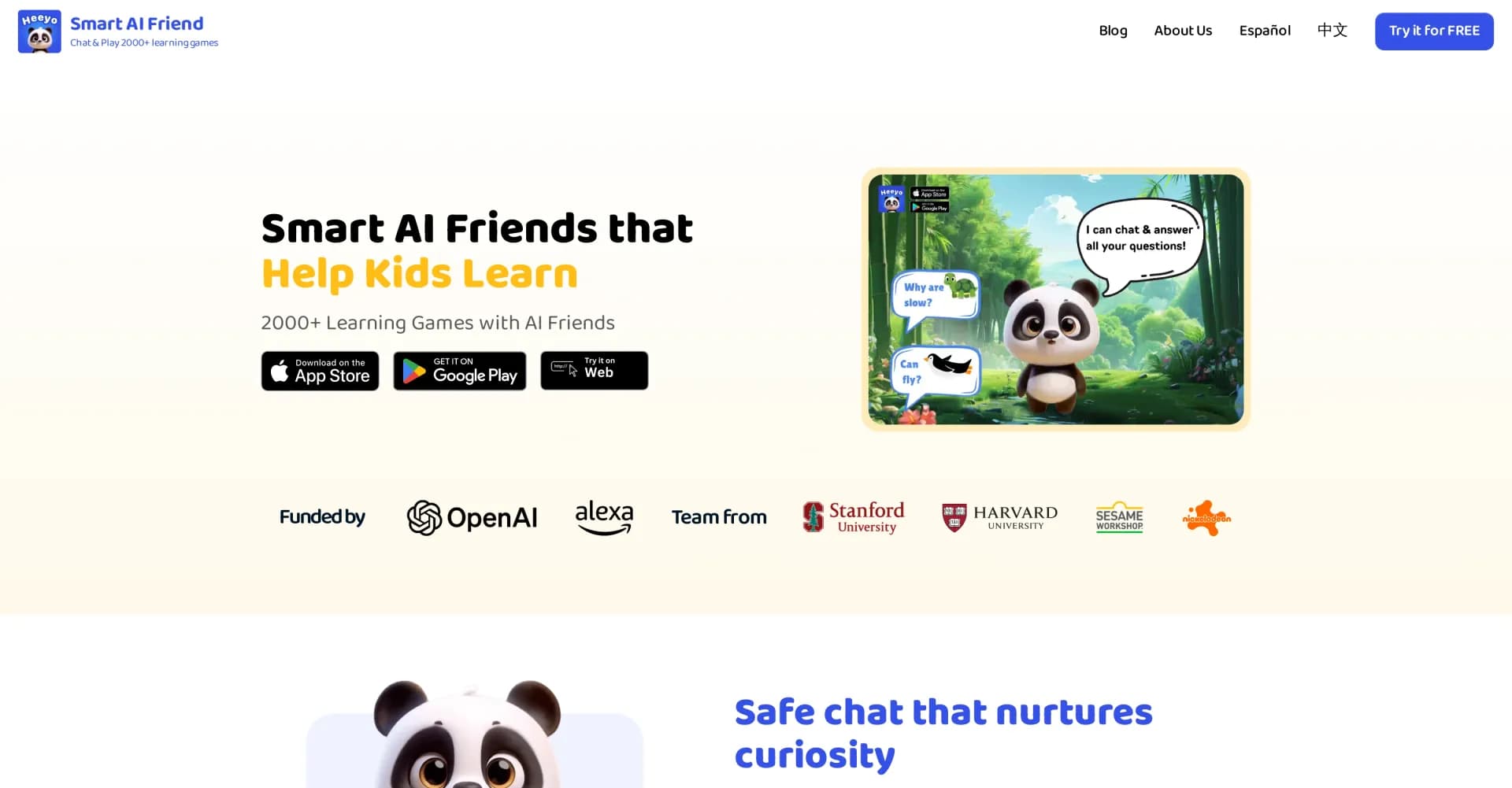 Heeyo homepage screenshot — Smart AI friends help kids learn and play