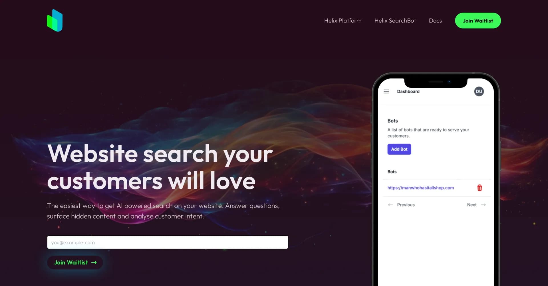Helix SearchBot homepage screenshot — Ridiculously easy AI-powered website search.