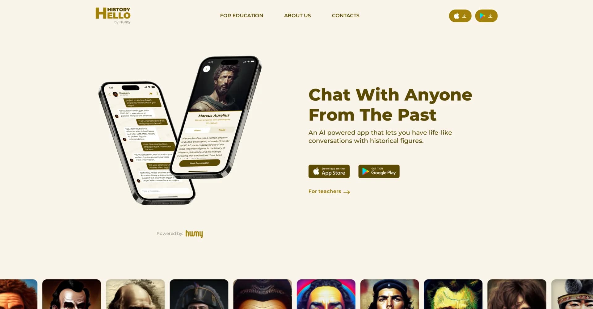 Hello History homepage screenshot — Chat with AI-generated historical figures.