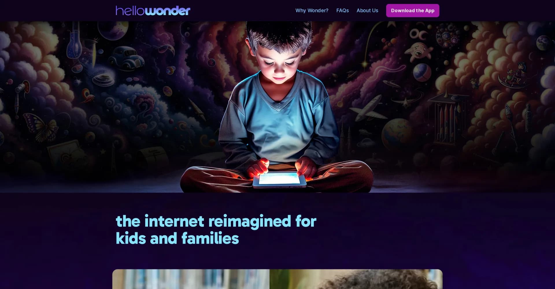 Hello Wonder homepage screenshot — AI-powered safe internet for kids and families.