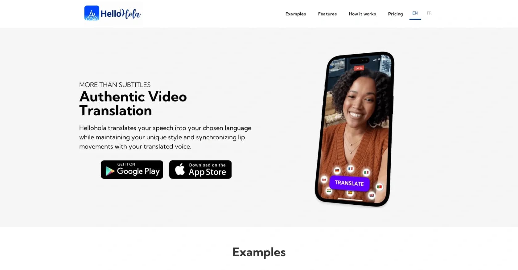Hellohola homepage screenshot — Dub and lipsync videos with your natural voice.